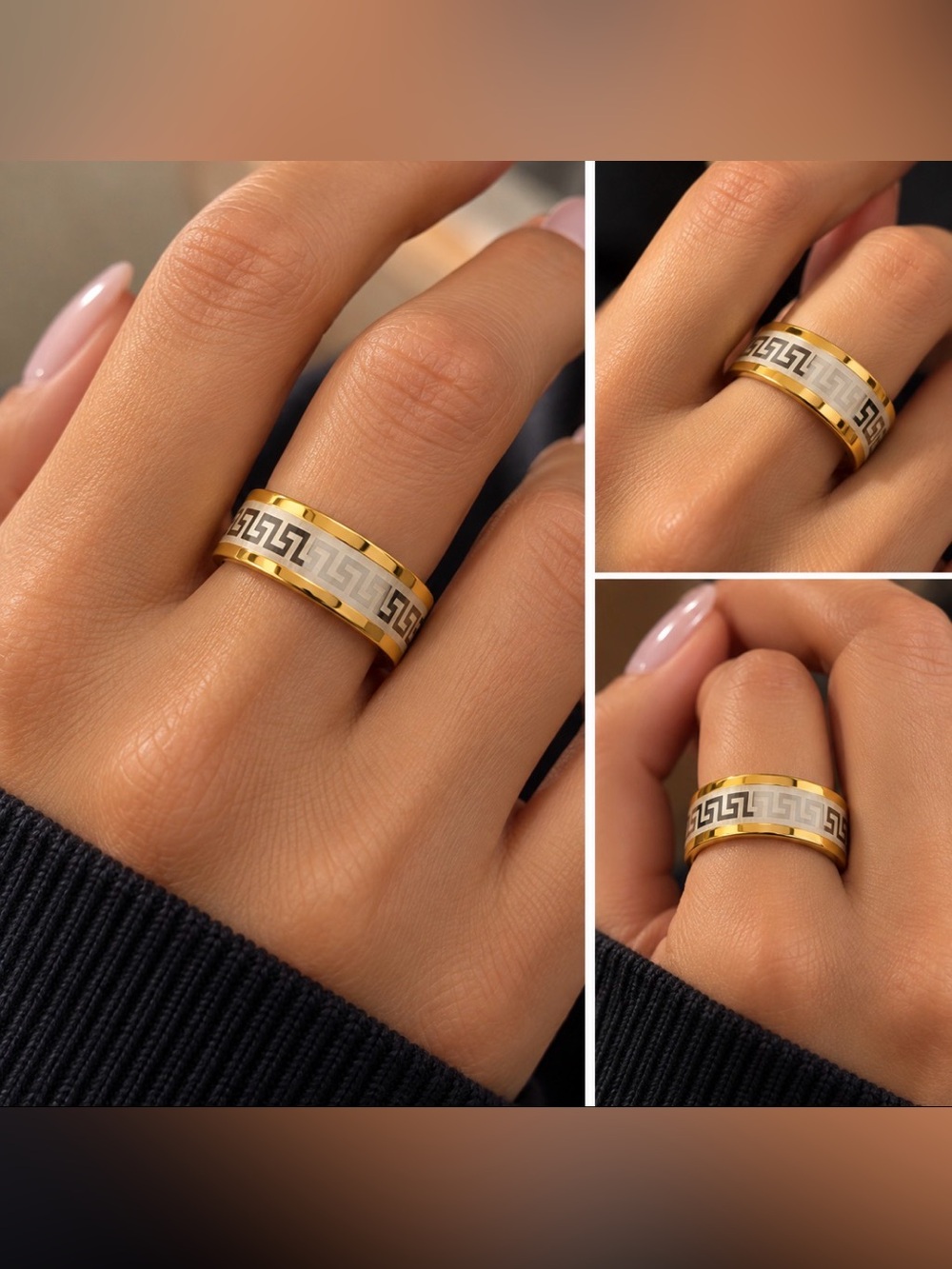 Gold and Silver Greek Key Stainless Steel Ring - size 9